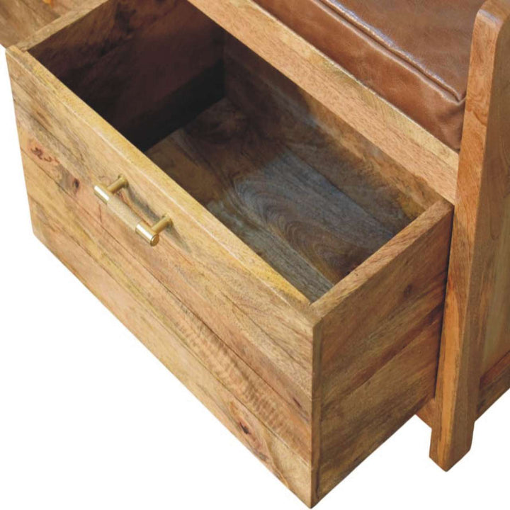 Solid Wood Oakish Storage Bench with Brown Leather Seat