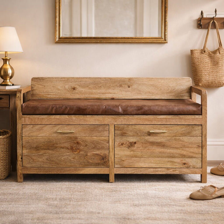 Solid Wood Oakish Storage Bench with Brown Leather Seat