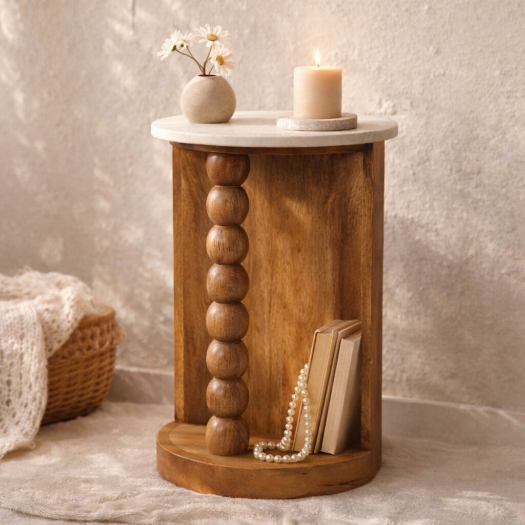 Solid Wood Marble-Top Spindle Side Table