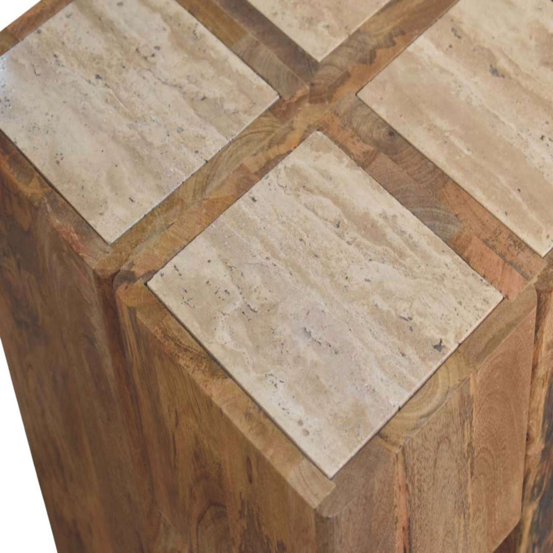 Solid Wood Travertine Top Block Side Table