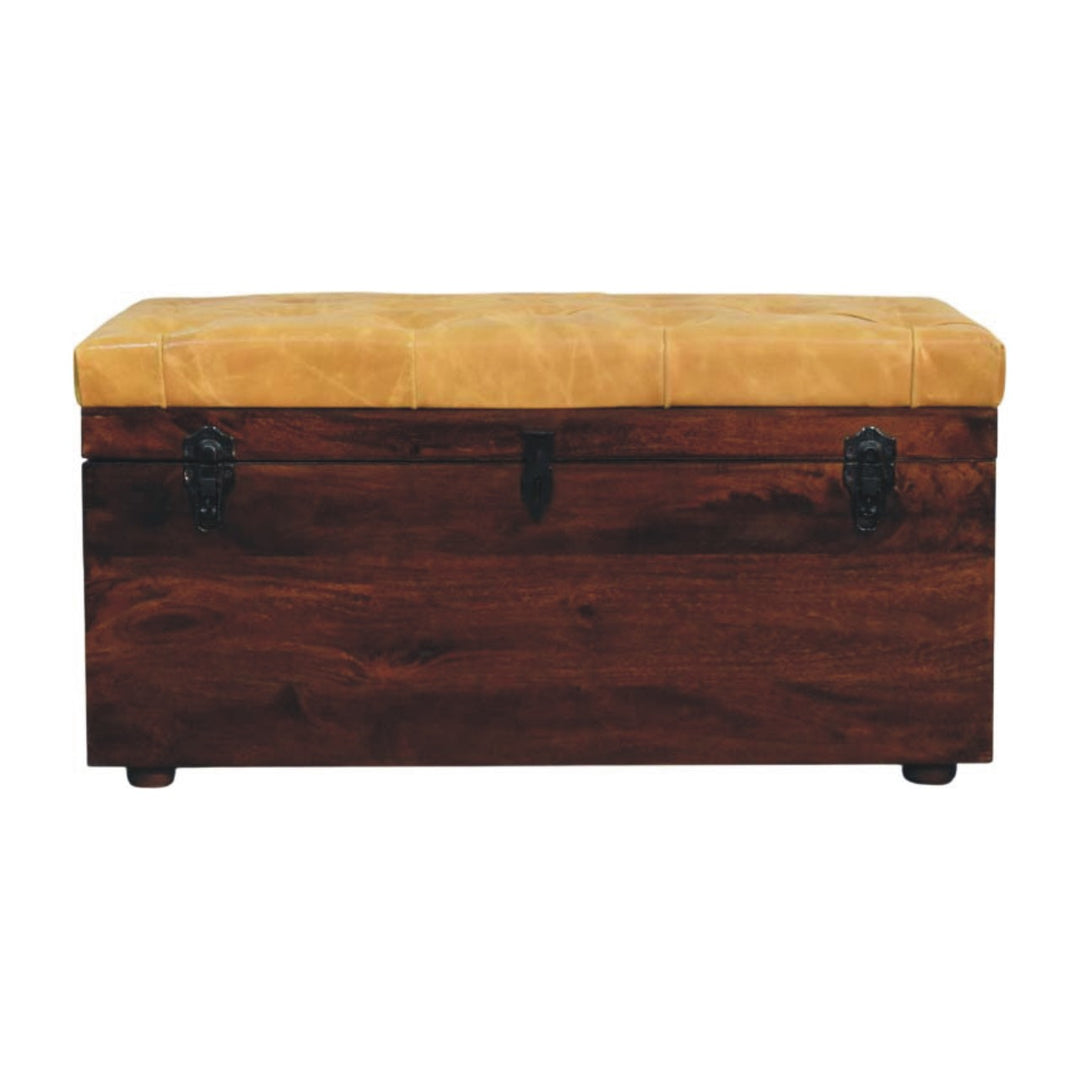 Solid Wood Tan Leather Storage Trunk Bench