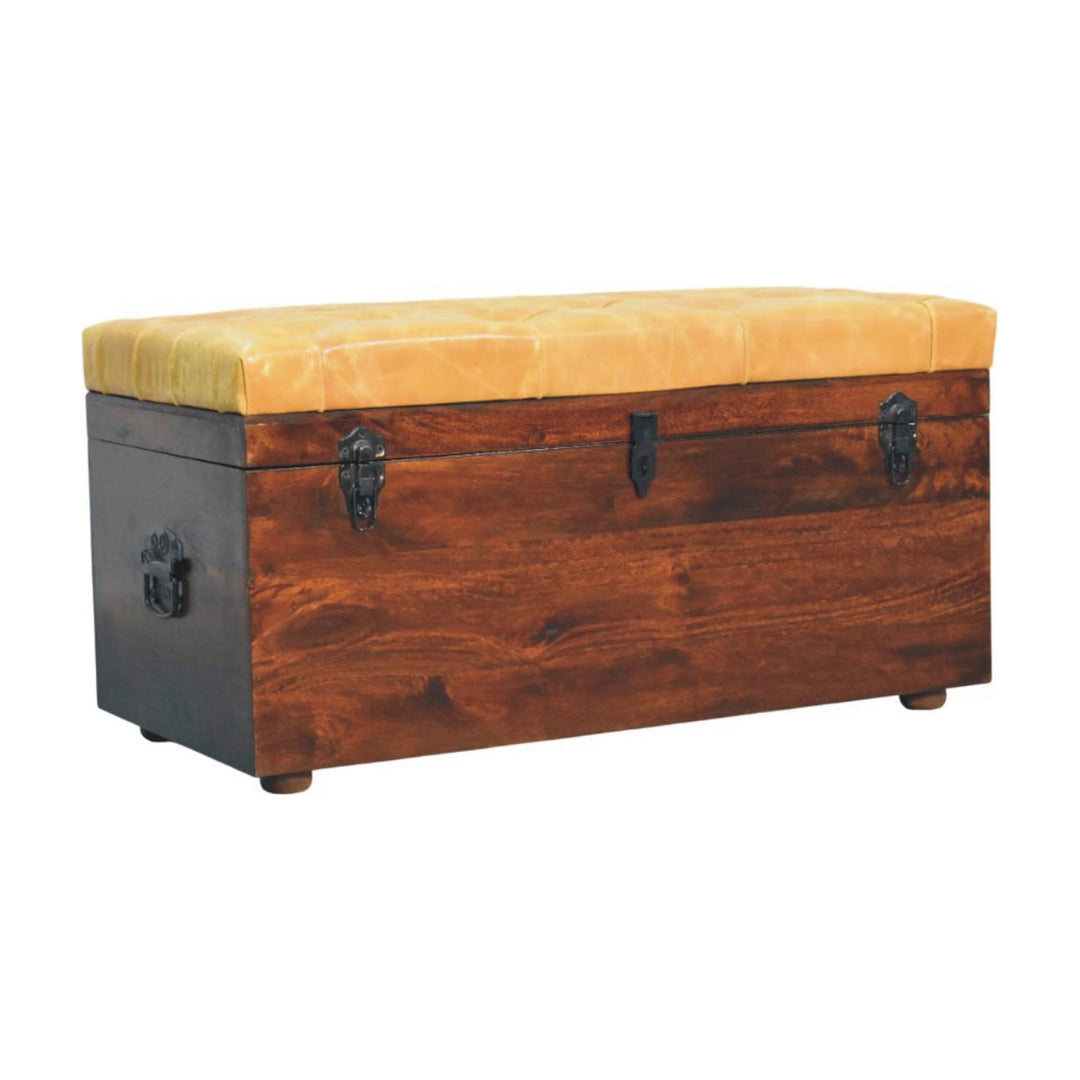 Solid Wood Tan Leather Storage Trunk Bench