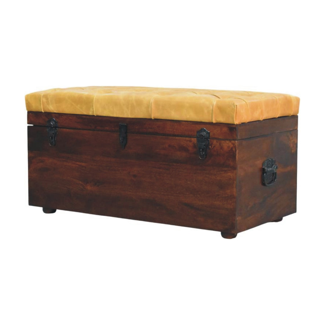 Solid Wood Tan Leather Storage Trunk Bench