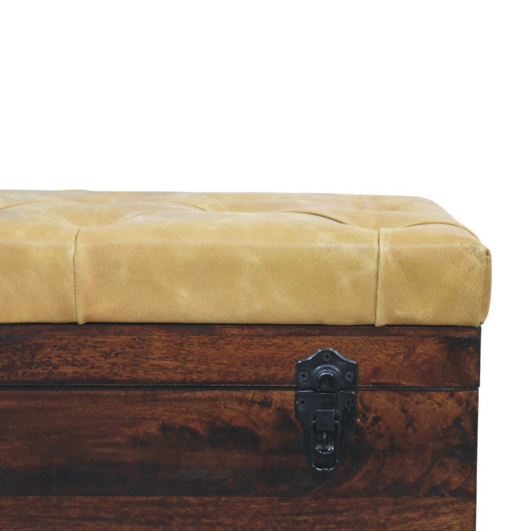 Solid Wood Tan Leather Storage Trunk Bench