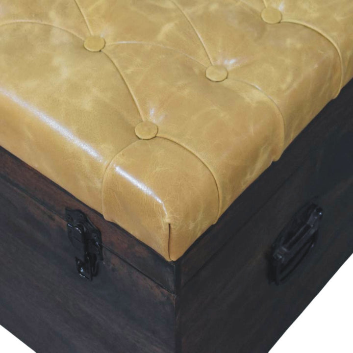 Solid Wood Tan Leather Storage Trunk Bench