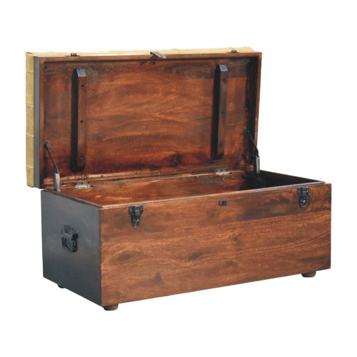 Solid Wood Tan Leather Storage Trunk Bench
