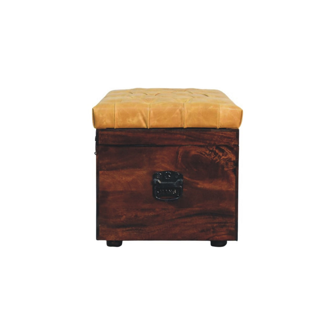 Solid Wood Tan Leather Storage Trunk Bench