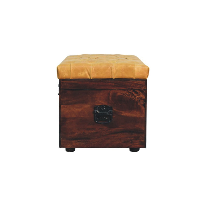 Solid Wood Tan Leather Storage Trunk Bench