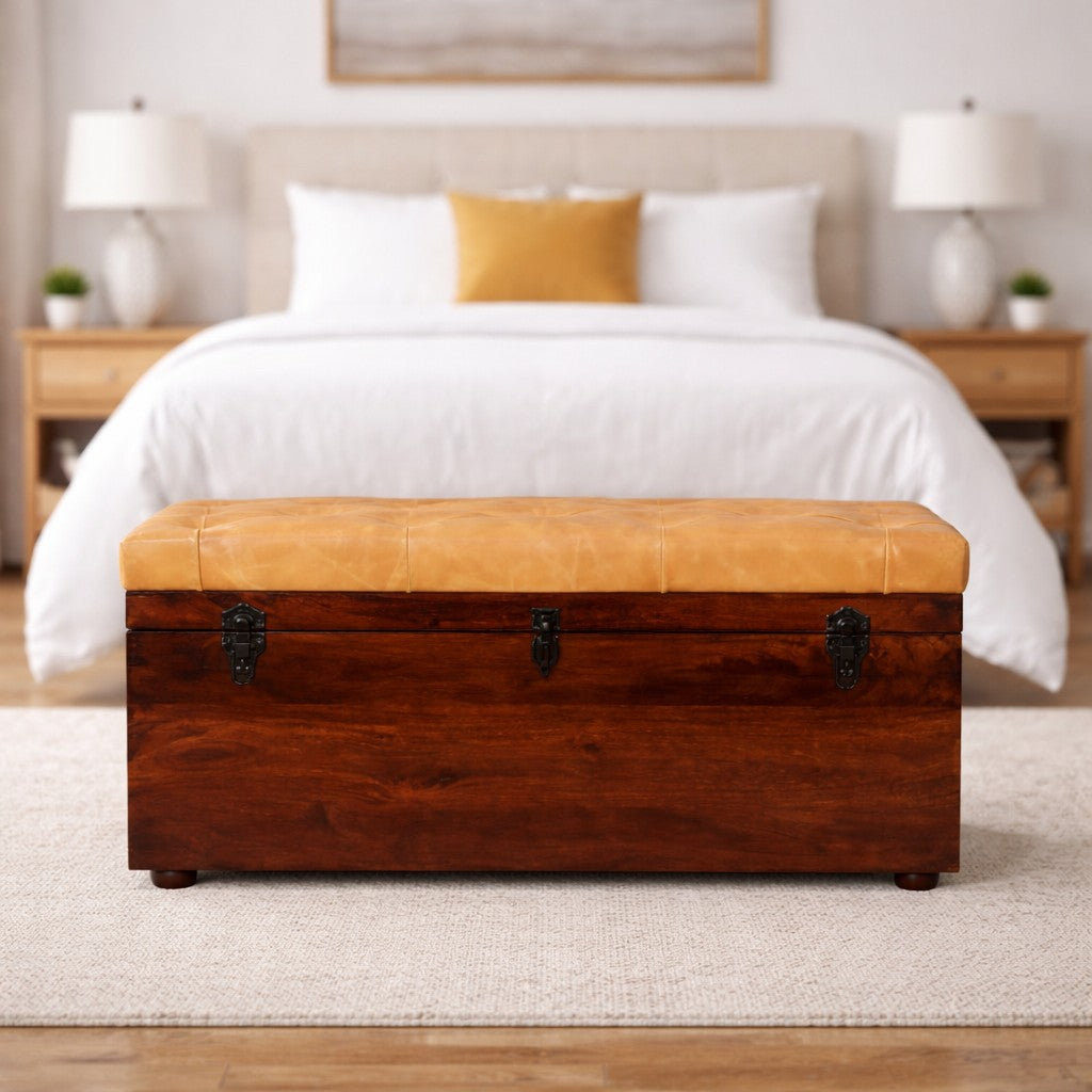 Solid Wood Tan Leather Storage Trunk Bench