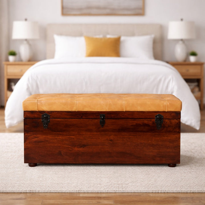 Solid Wood Tan Leather Storage Trunk Bench
