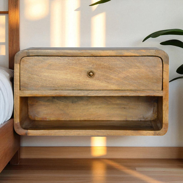 Solid Wood Floating Curve Open Slot, 1-Drawer, Nightstand, Oak