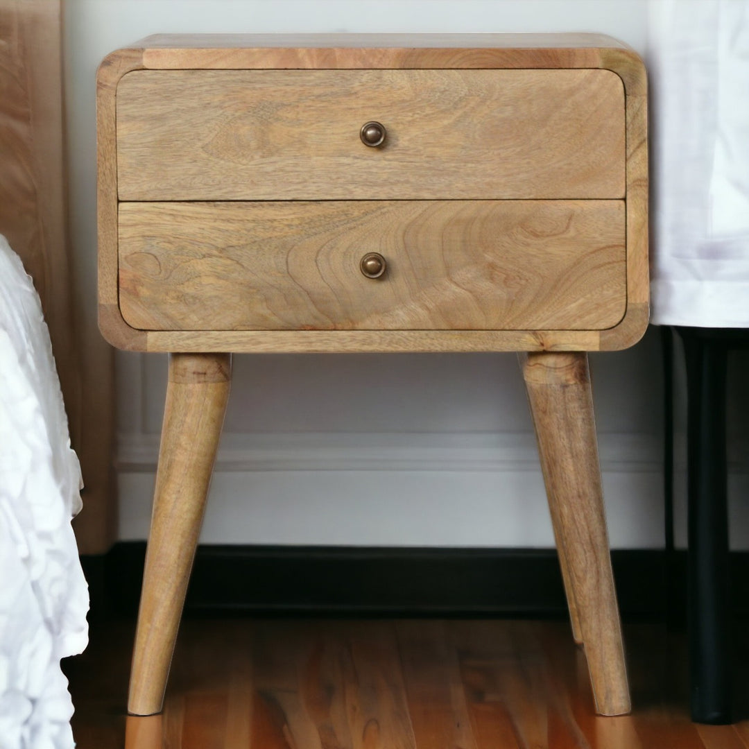 Solid Wood Curved Bedside, 2 Drawers, Oak-ish, Light Brown