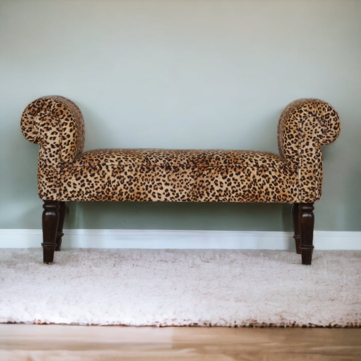 Leopard Print Velvet Bench, Upholstered Yellow and Brown
