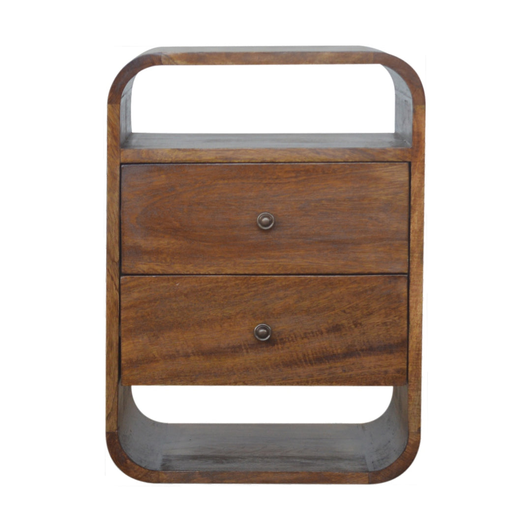 Solid Wood Chestnut Curve 2-Drawer Nightstand, 2 Open Slots, Brown