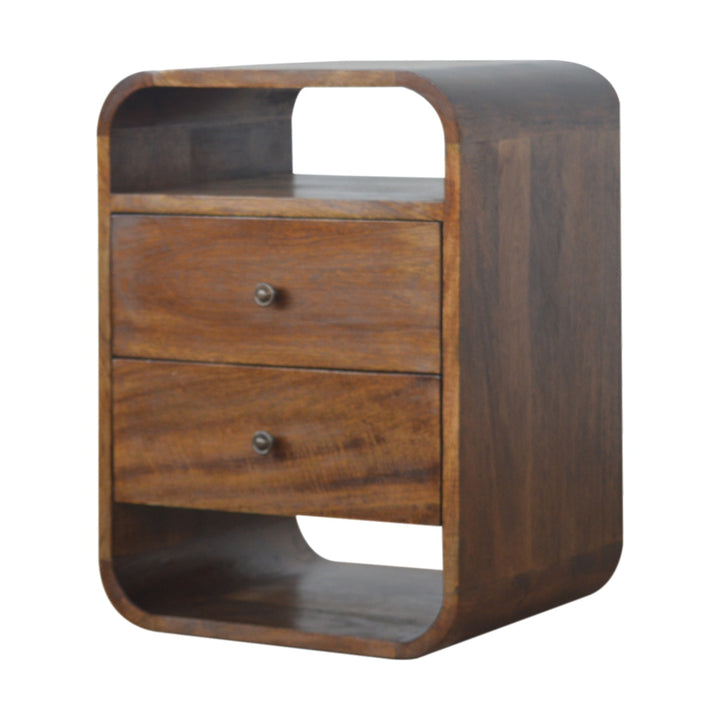 Solid Wood Chestnut Curve 2-Drawer Nightstand, 2 Open Slots, Brown