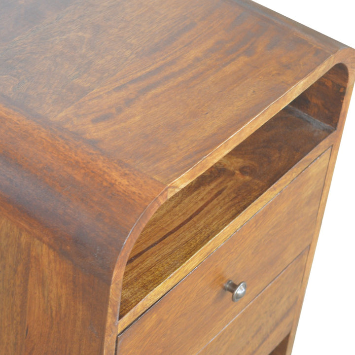 Solid Wood Chestnut Curve 2-Drawer Nightstand, 2 Open Slots, Brown