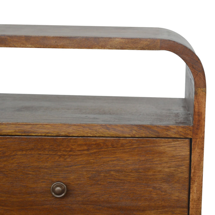 Solid Wood Chestnut Curve 2-Drawer Nightstand, 2 Open Slots, Brown