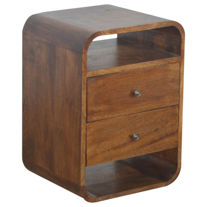 Solid Wood Chestnut Curve 2-Drawer Nightstand, 2 Open Slots, Brown