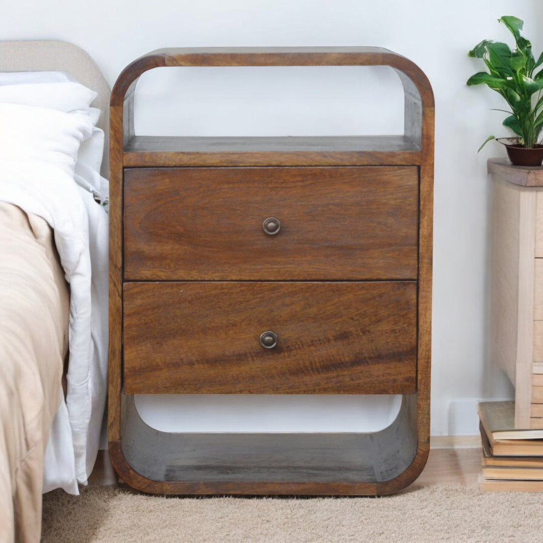 Solid Wood Chestnut Curve 2-Drawer Nightstand, 2 Open Slots, Brown