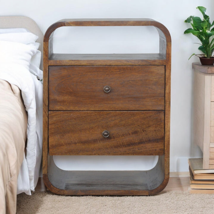 Solid Wood Chestnut Curve 2-Drawer Nightstand, 2 Open Slots, Brown