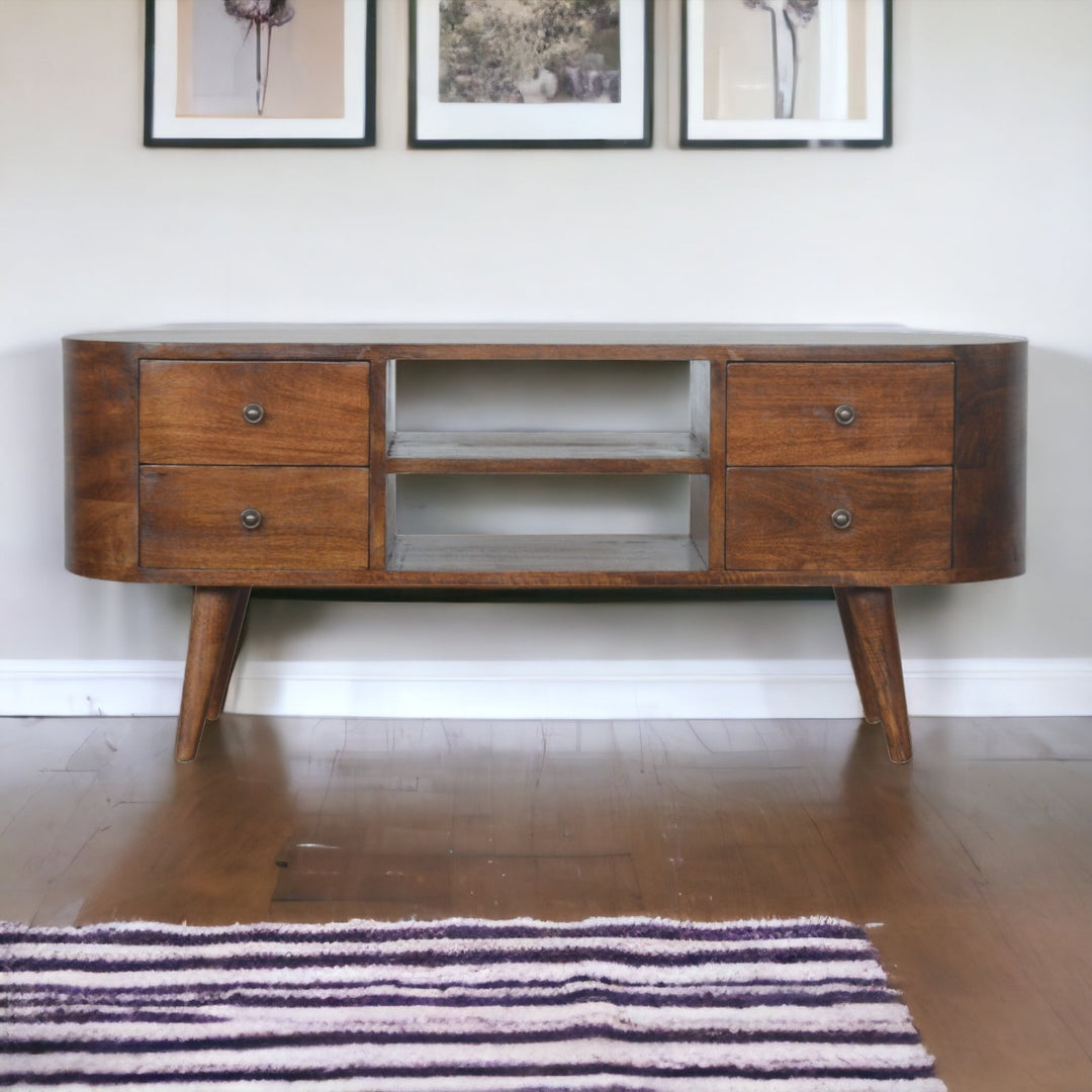 Chestnut Rounded Entertainment Unit, Nordic Legs, 4-Drawers, 2 Open Slot, Brown