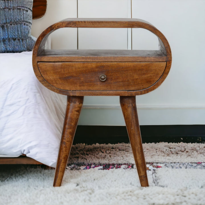 Solid Wood Chestnut Circular Open Bedside, 1-Drawer, Brown