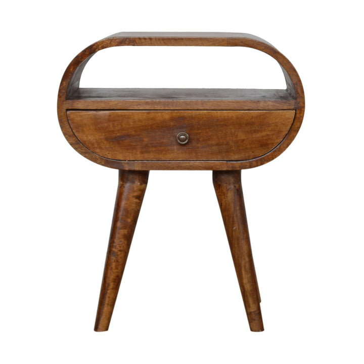 Solid Wood Chestnut Circular Open Bedside, 1-Drawer, Brown