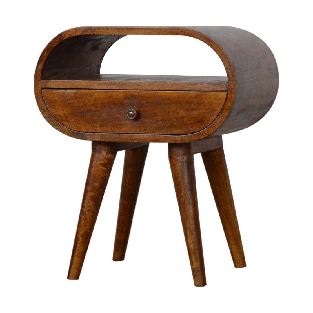 Solid Wood Chestnut Circular Open Bedside, 1-Drawer, Brown
