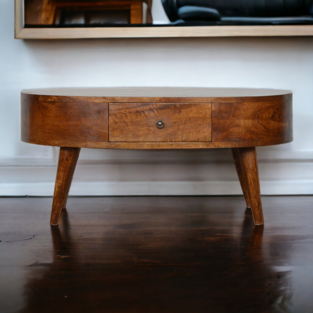Chestnut Rounded Coffee Table, Nordic Legs, 2-Drawers, Brown