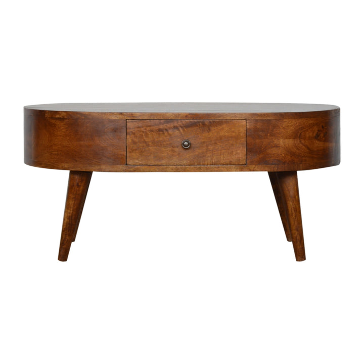 Chestnut Rounded Coffee Table, Nordic Legs, 2-Drawers, Brown