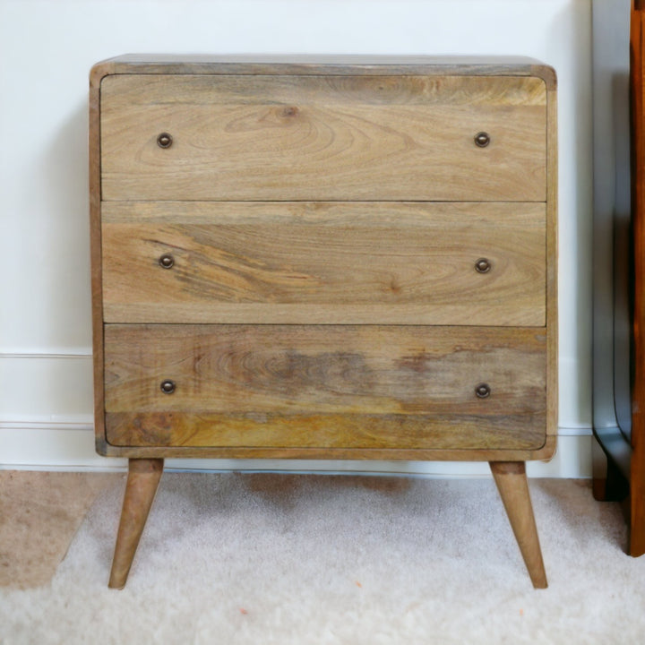 Curved Oak-ish Chest, 3-Drawers, Nordic Legs, Light Brown