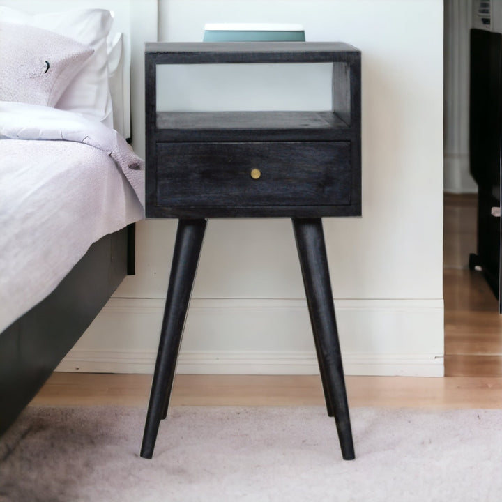 Solid Wood, Mini Nightstand, 1-Drawer, 1 Open-Slot, Ash Black