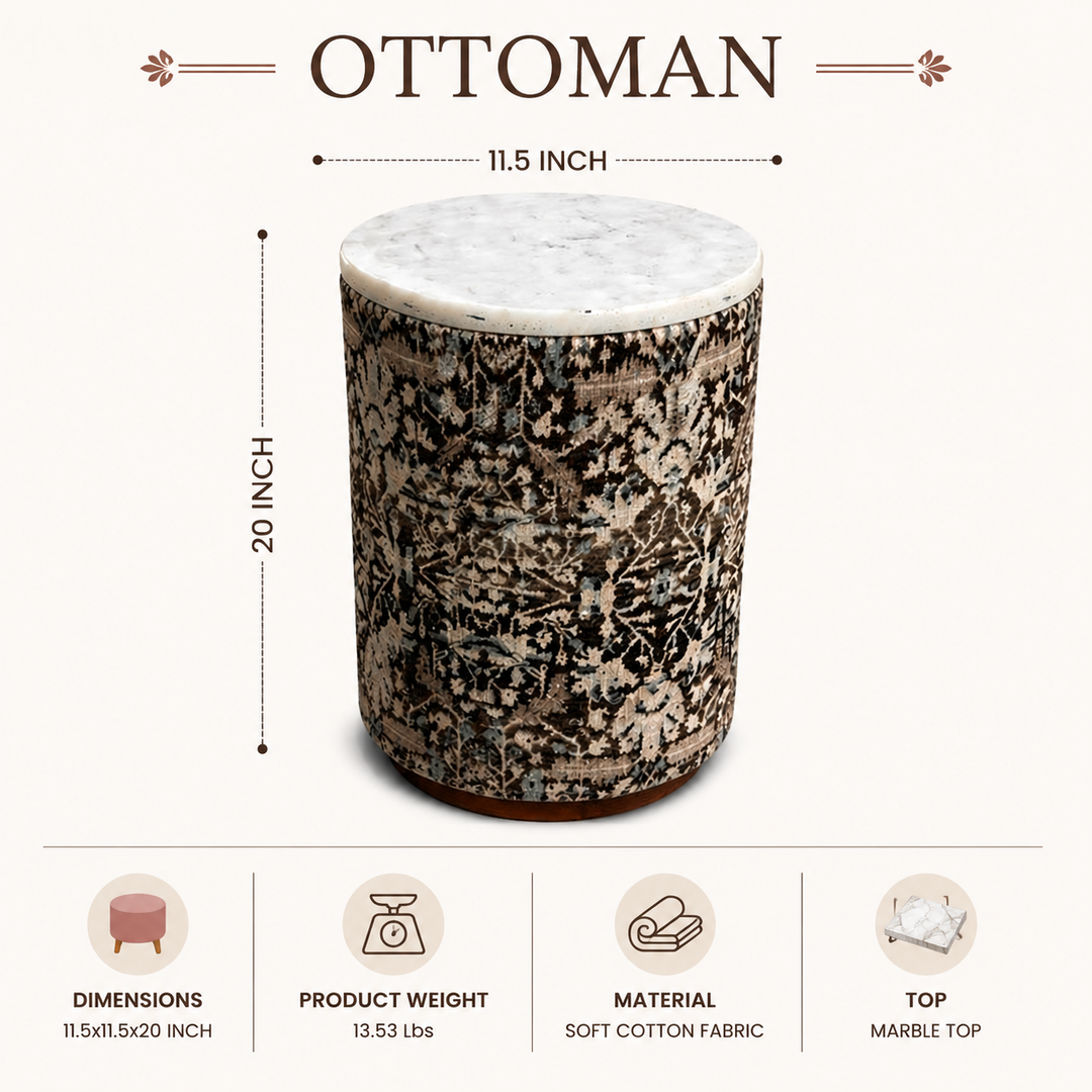 Marble Top Drum Ottoman | 11.5 x 11.5 x 20" |  Accent Stool