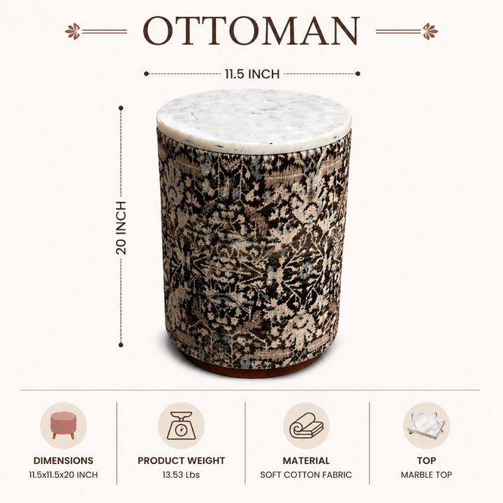 Marble Top Drum Ottoman | 11.5 x 11.5 x 20" |  Accent Stool
