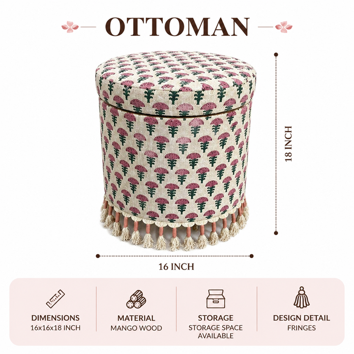 Bohemian Upholstered Ottoman with Hidden Storage, 16x16x18"