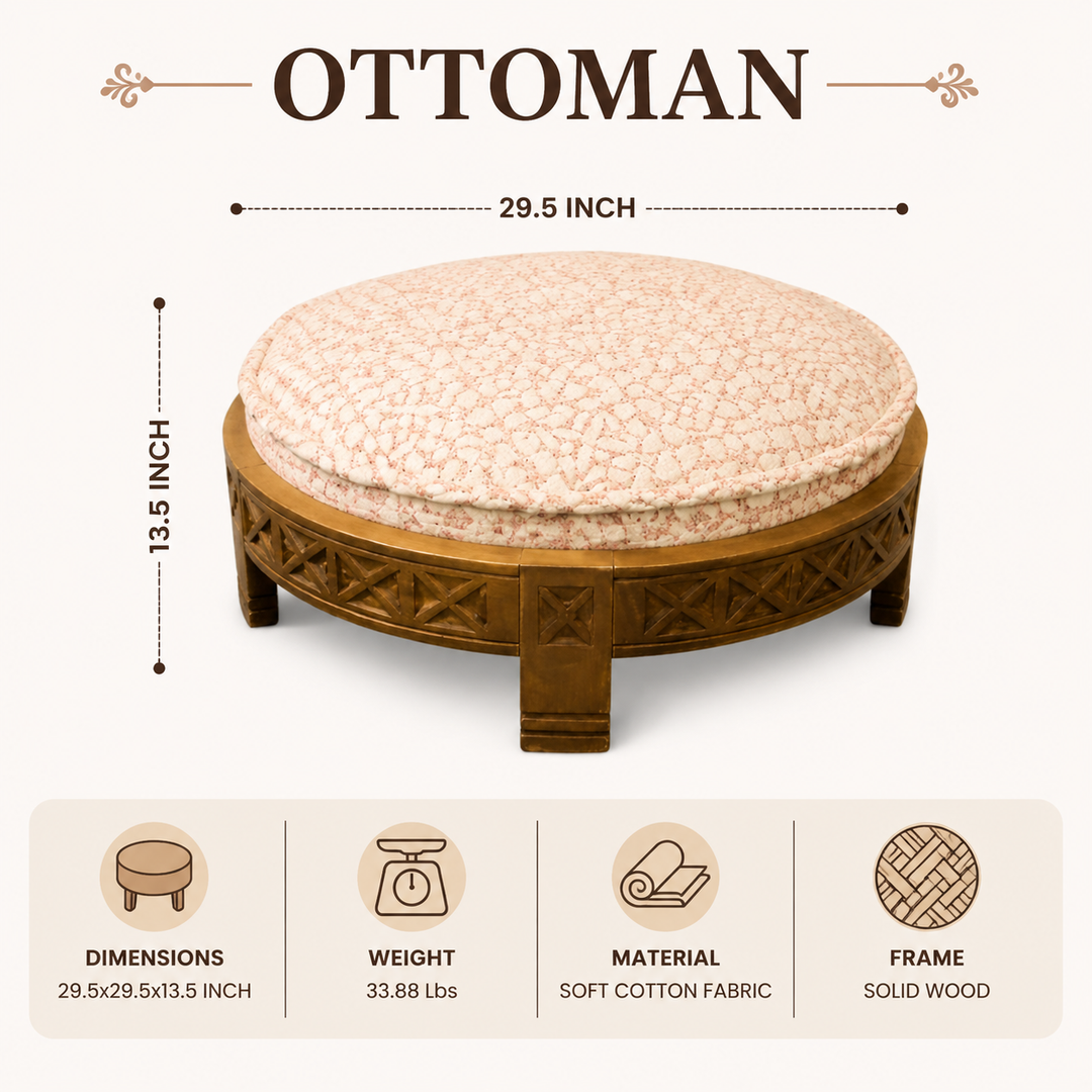 Handcrafted Wooden Upholstered Round Ottoman, 29.5"