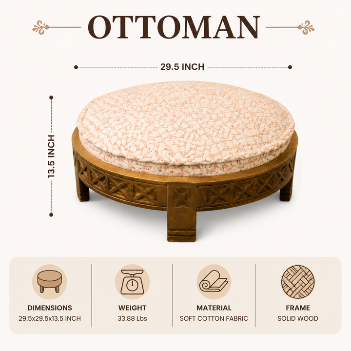 Handcrafted Wooden Upholstered Round Ottoman, 29.5"