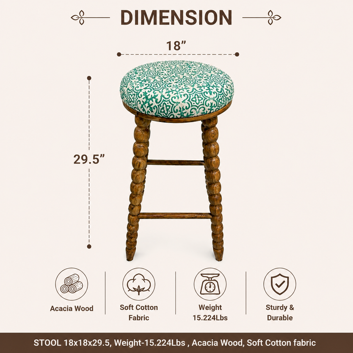 Spindle Upholstered Bar Stool with Solid Acacia Wood