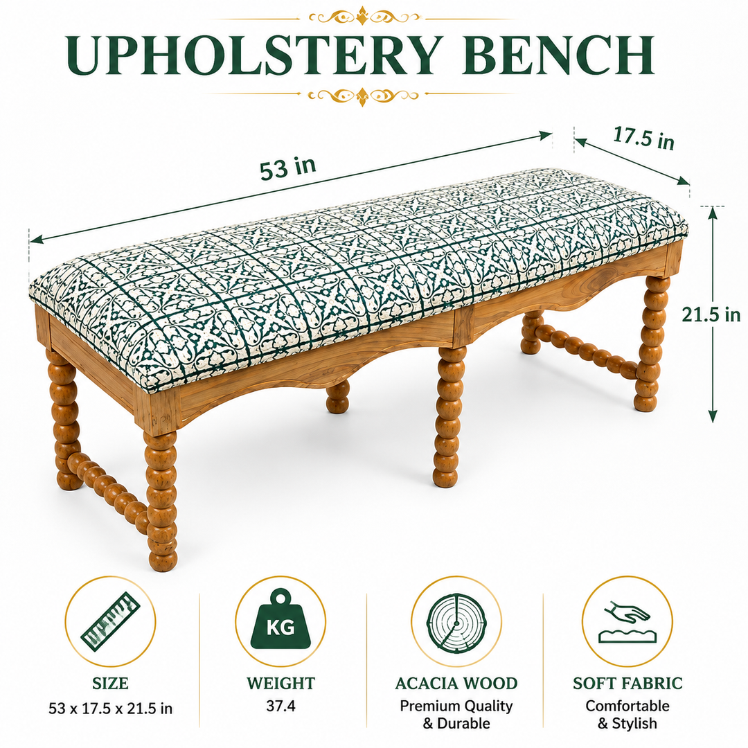 Cotswold Spindle Upholstered Bench with Acacia Wood Frame