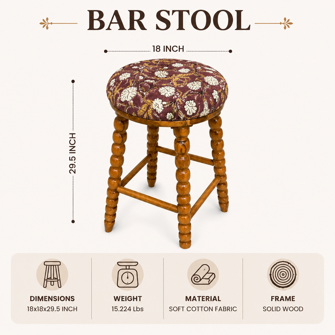 Spindle Upholstered Bar Stool with Solid Acacia Wood