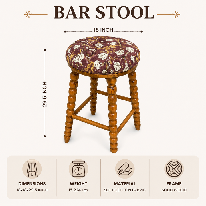 Spindle Upholstered Bar Stool with Solid Acacia Wood