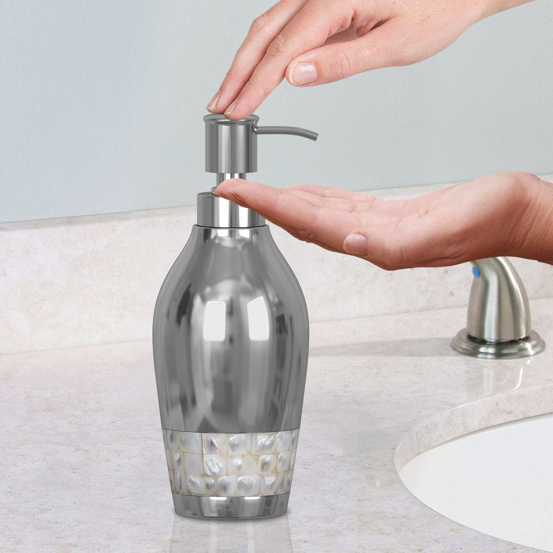 Liquid Soap & Lotion Dispenser Pump for Bathroom or Kitchen Countertops, Metal with Mother of Pearl Finish