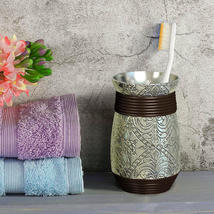 Bathroom Tumbler Cup | Decorative Rinse Cup,Drinking Glass,Toothbrush & Makeup Brush Holder for Vanity Countertops,Sink & Desk | Silver Resin/Orb