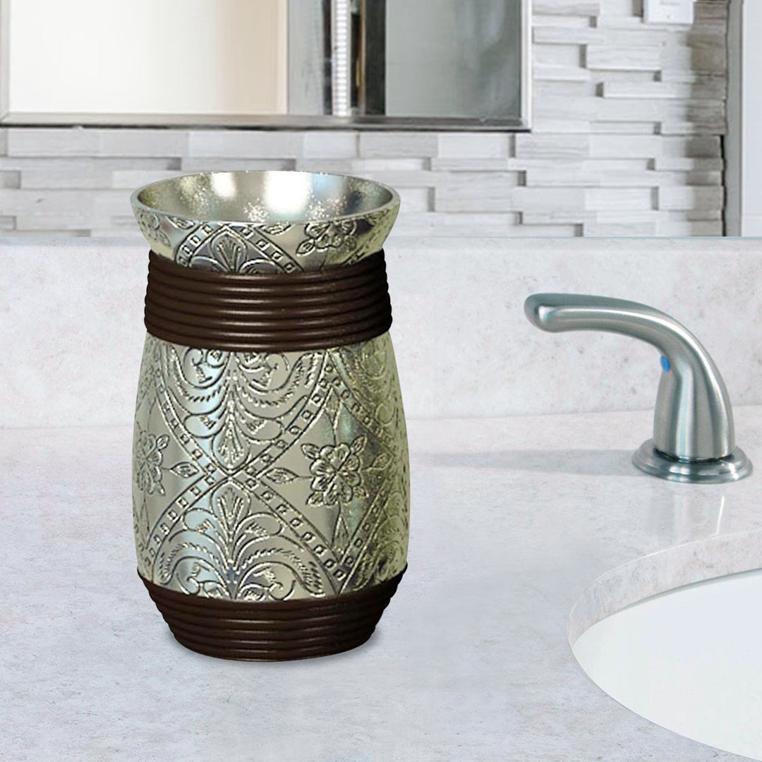 Bathroom Tumbler Cup | Decorative Rinse Cup,Drinking Glass,Toothbrush & Makeup Brush Holder for Vanity Countertops,Sink & Desk | Silver Resin/Orb