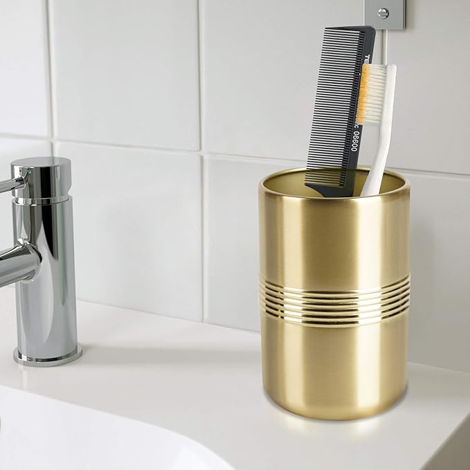 Stainless Steel Bathroom Tumbler Cup | Decorative Rinse Cup,Drinking Glass,Toothbrush & Makeup Brush Holder for Vanity Countertops,Sink & Desk-Gold