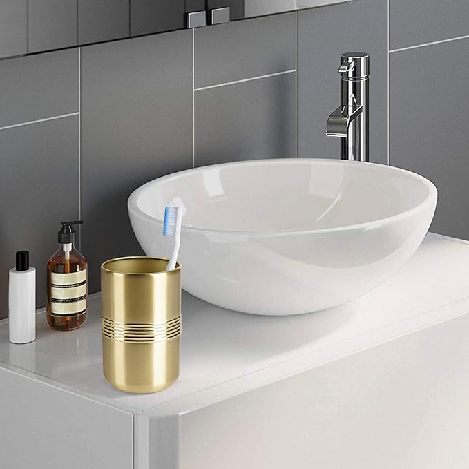 Stainless Steel Bathroom Tumbler Cup | Decorative Rinse Cup,Drinking Glass,Toothbrush & Makeup Brush Holder for Vanity Countertops,Sink & Desk-Gold