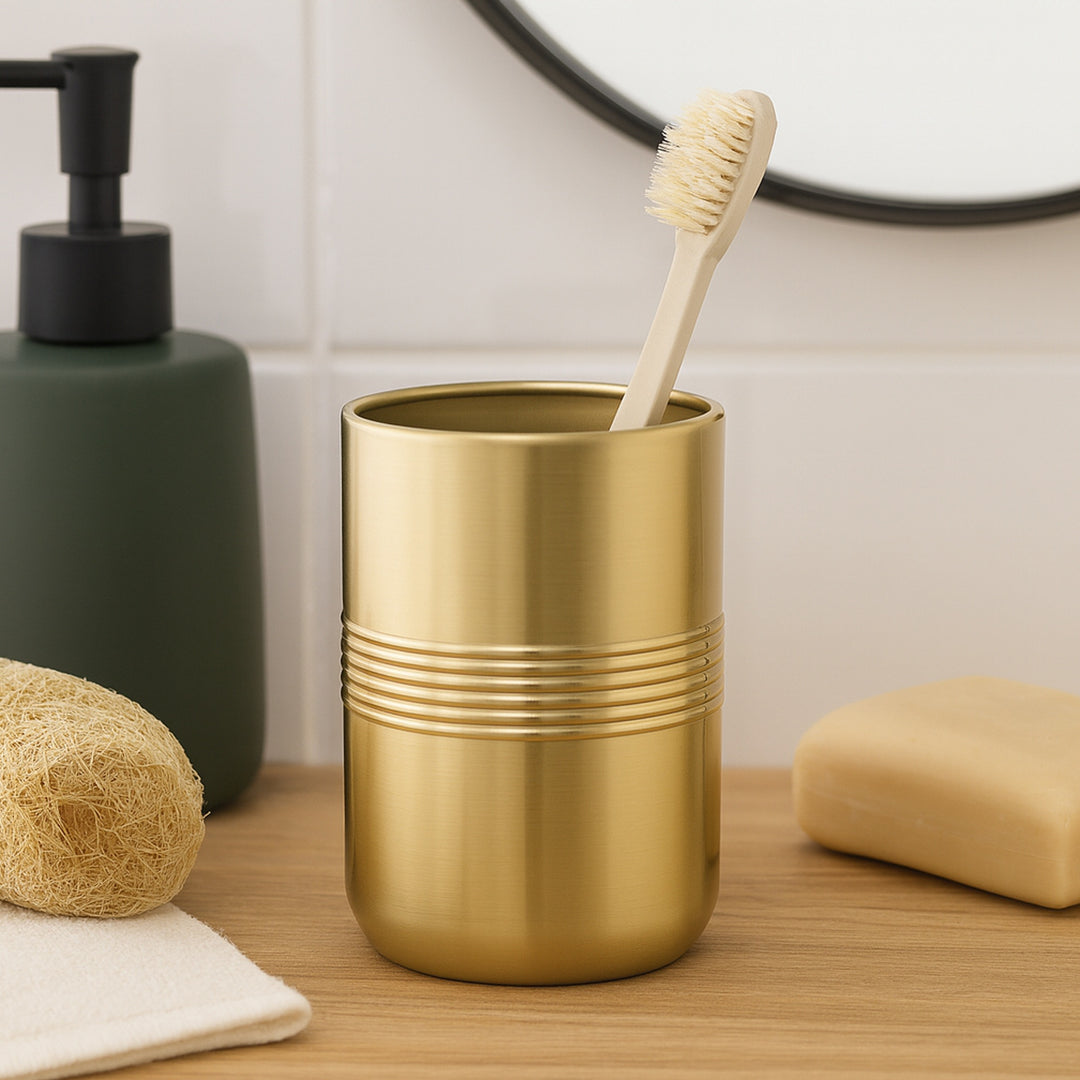 Stainless Steel Bathroom Tumbler Cup | Decorative Rinse Cup,Drinking Glass,Toothbrush & Makeup Brush Holder for Vanity Countertops,Sink & Desk-Gold
