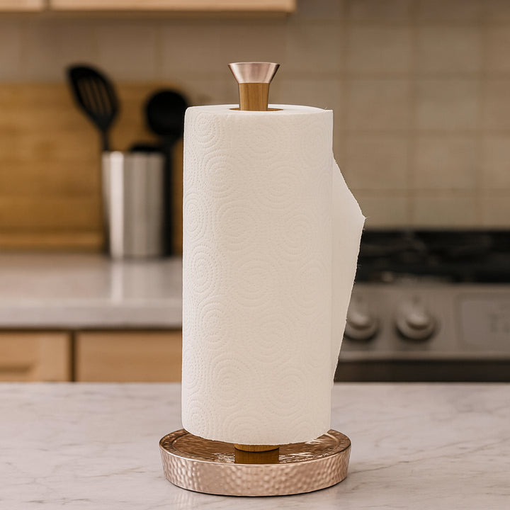 Wood Paper Towel Holder | Easy One-Handed Tear Kitchen Paper Towel Dispenser with Weighted Base for Standard Paper Towel Rolls, Oil Rubbed Bronze Finish