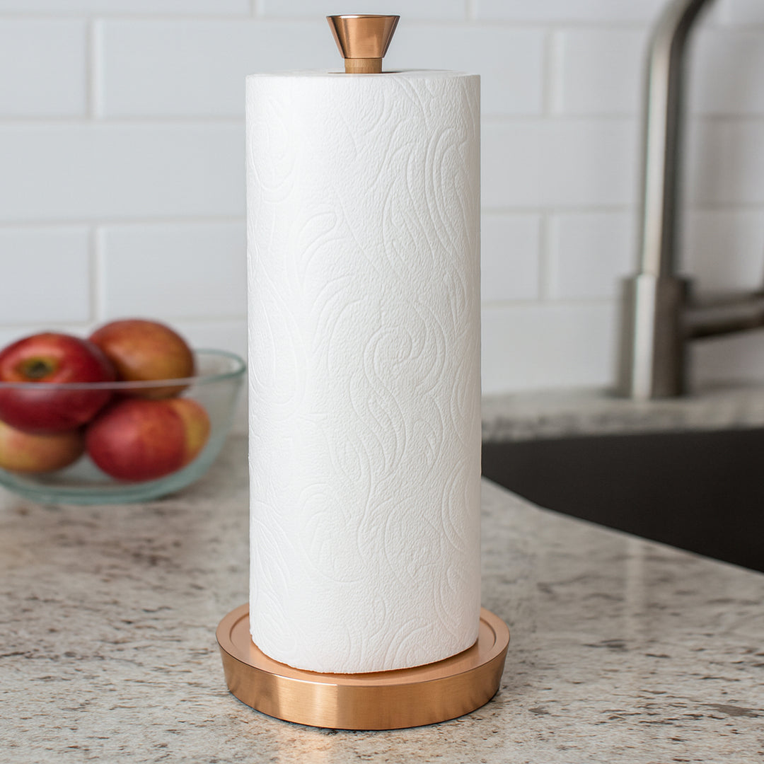 Wood Paper Towel Holder | Easy One-Handed Tear Kitchen Paper Towel Dispenser with Weighted Base for Standard Paper Towel Rolls, Oil Rubbed Bronze Finish