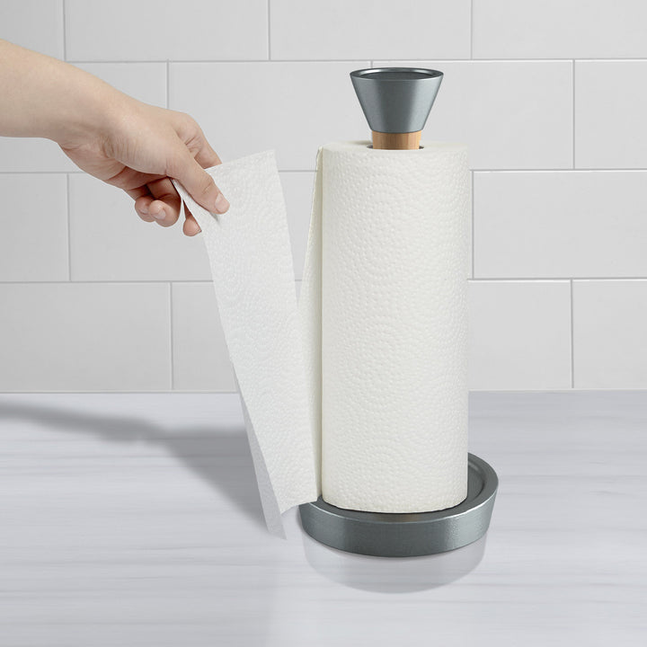 Wood Paper Towel Holder | Easy One-Handed Tear Kitchen Paper Towel Dispenser with Weighted Base for Standard Paper Towel Rolls, Oil Rubbed Bronze Finish